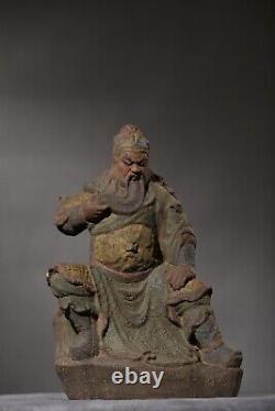 Statue de Guan Yu ancienne chinoise en bois sculpté et peint, de style antique et vintage