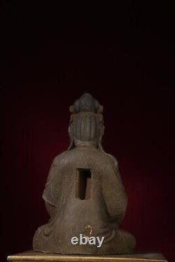 Statue de Kwan-yin en bois ancien sculpté et peint, rare antiquité chinoise vintage