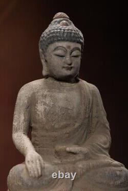 Statue de Sakyamuni Bouddha en bois ancien chinois sculpté et peint - Belle œuvre d'art