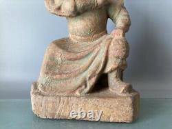 Statue en bois sculptée et peinte antique chinoise de Guan Yu