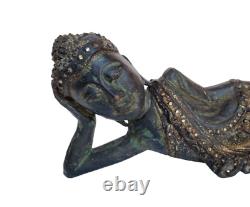 Statue rare de Bouddha endormi en bois antique ancien et sculpté à la main de style vintage