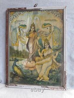 Temple hindou déesse Saraswati Lakshmi Antique Vintage Old Original Print A75
 	
<br/>

  		<br/> (Note: There is no direct translation for 'Hindu Temple' in French, so it is left as is in the translation)