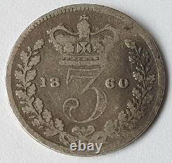 Trois pences en argent massif vintage et antique de la reine Victoria 1860-1901 Retro