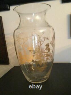 Vase Antique Verre Décoré D'une Scène De Chasse À L'or Cheval Rare Vieux 19ème