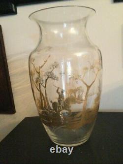 Vase Antique Verre Décoré D'une Scène De Chasse À L'or Cheval Rare Vieux 19ème