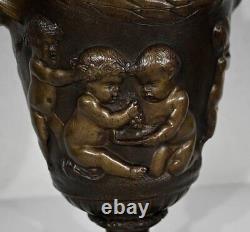 Vase De Bronze Antique Bacchus Fauns Kid Fauns Chimeras Vine Brown Patina Vieux 19ème