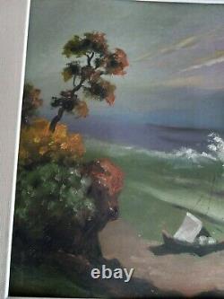 Vieille Vieille Antique Early California Coastline Sunset Ocean Matted Peinture À L'huile