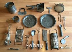 Vieux Vtg Antique Metal Kitchen Tool Utensil Grater Mixer Sifter Gadget Lot Of 20