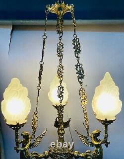 Vintage Ancien Vieux Art Nouveau Sirène Plafond Suspendu Chandelier Lampe Lumière