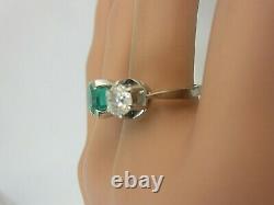 Vintage Antique 18k Or Blanc 2.25 Carat Emerald Ancienne Mine Diamond Anneau 3.55 Ct