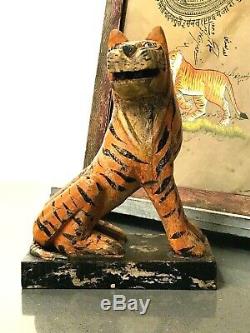 Vintage Jouets En Bois Indiens. Tigre Du Bengale. Patine Merveilleux. Nouveau Stock Ancien