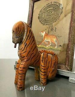 Vintage Jouets En Bois Indiens. Tigre Du Bengale. Patine Merveilleux. Nouveau Stock Ancien