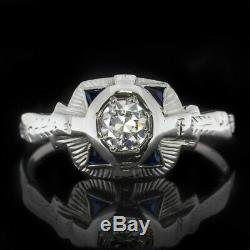 Vintage Old Cut Européenne Diamant Saphir Bague De Fiançailles Antique Art Déco 18k