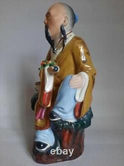 Vintage Porcelaine Figurine Sage Chinoise Avec Bâton 1950s Jingdezhen Vieux 20.5 CM