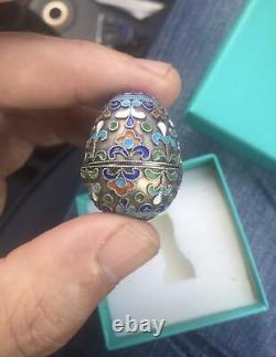 Vintage Russe Argent 925 Cloisonné Émail Miniature Egg Tsariste Rare Vieux 20ème