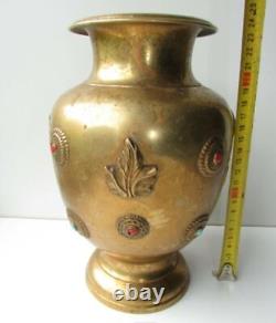 Vintage Vase Laiton Chinois Probablement Personnages Pierre D'oiseau Rare Vieux 24cm 20ème