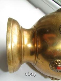Vintage Vase Laiton Chinois Probablement Personnages Pierre D'oiseau Rare Vieux 24cm 20ème